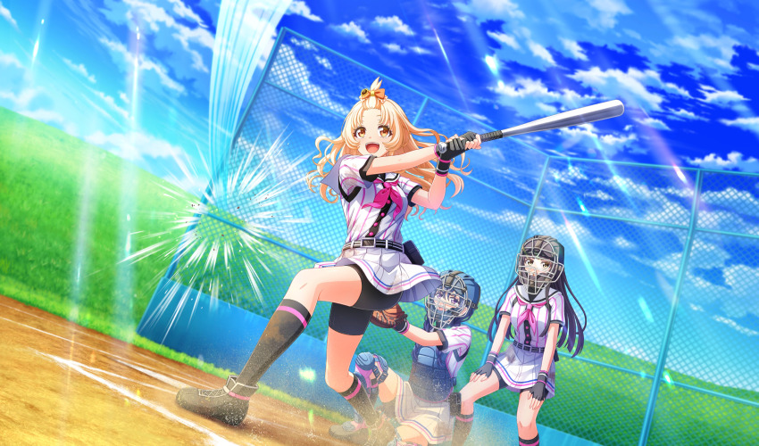 3girls :d aisaka_koko bangs_pinned_back baseball baseball_bat baseball_field baseball_glove baseball_uniform belt belt_buckle belt_pouch bike_shorts_under_skirt black_belt black_footwear black_gloves black_hair black_pouch black_shorts black_socks black_undershirt blonde_hair blue_hair blurry bow braid buckle catcher&#039;s_mask catcher_(baseball) chain-link_fence chest_protector cinderella_series cloud depth_of_field dust_cloud dutch_angle emphasis_lines fence fingerless_gloves game_cg gloves hachigatsu_no_cinderella_nine hair_bow hands_on_own_legs highres holding holding_baseball_bat kondou_saki light_rays long_hair looking_up low_twin_braids metal_baseball_bat motion_lines multiple_girls neckerchief non-web_source official_art open_mouth orange_bow orange_eyes outdoors pink_neckerchief playing_sports pleated_skirt pouch satogahama_baseball_uniform shin_guards shirt shirt_under_shirt short_sleeves shorts skirt sky smile socks speed_lines sportswear squatting standing striped_belt striped_clothes striped_shirt sunbeam sunlight teeth tsukishima_yui_(hachigatsu_no_cinderella_nine) twin_braids upper_teeth_only vertical-striped_clothes vertical-striped_shirt wavy_hair wristband