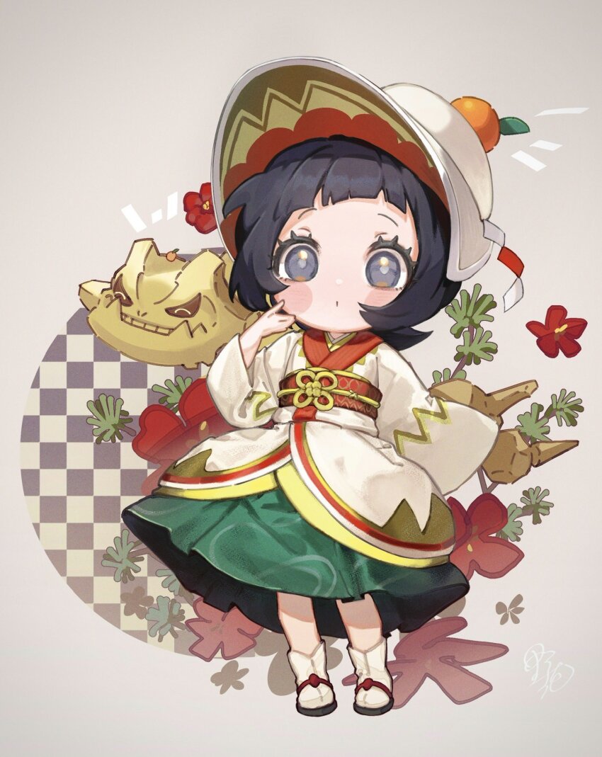 1girl black_hair blush_stickers closed_eyes commentary_request eyelashes flower food fruit gen_2_pokemon grey_eyes hakama hakama_skirt hat highres japanese_clothes kimono nintendo obi official_alternate_costume orange_(fruit) pokemon pokemon_(creature) pokemon_masters_ex poppy_(new_year&#039;s_2025)_(pokemon) poppy_(pokemon) sash short_hair skirt smile sora_no87 steelix teeth wide_sleeves yukata