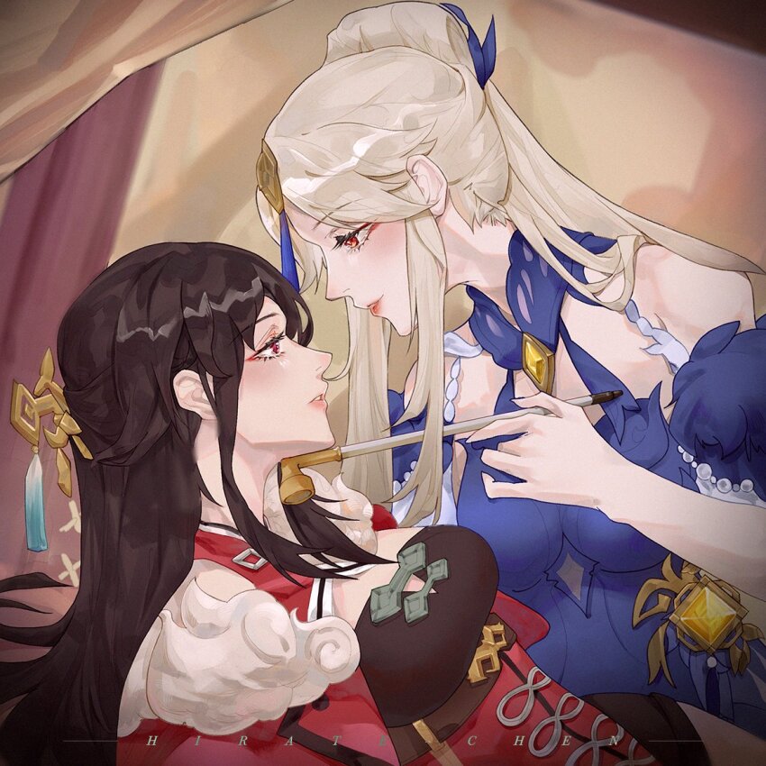 2girls artist_name bare_shoulders beidou_(genshin_impact) blue_collar blue_dress breasts brown_hair china_dress chinese_clothes chinese_hairpin collar commentary curtains dress english_commentary face-to-face from_side genshin_impact geo_symbol_(genshin_impact) hair_ornament hair_stick hairpin hiratechen holding holding_smoking_pipe imminent_kiss indoors kiseru large_breasts lying multiple_girls ningguang_(genshin_impact) ningguang_(orchid&#039;s_evening_gown)_(genshin_impact) official_alternate_costume on_back orange_eyes parted_bangs parted_lips red_eyes smoking_pipe tassel tassel_hair_ornament vision_(genshin_impact) white_hair yuri