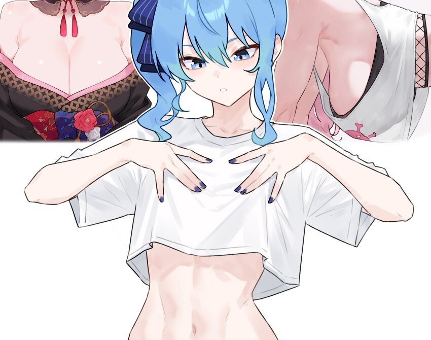2girls alternate_costume armpit_crease armpits blue_eyes blue_hair bluefield breast_envy breasts cleavage commentary flat_chest hands_on_own_chest highres hololive hololive_english hoshimachi_suisei large_breasts looking_down mori_calliope mori_calliope_(new_year) mori_calliope_(streetwear) multiple_girls navel official_alternate_costume parted_lips shirt virtual_youtuber white_shirt