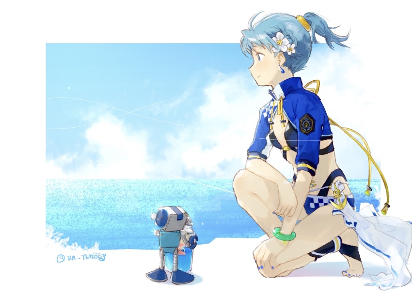 1girl artist_name blue_eyes blue_hair blue_jacket blue_nails bracelet breasts closed_mouth commentary_request cropped_jacket earrings flower hair_flower hair_ornament jacket jewelry kneeling light_smile magia_record:_mahou_shoujo_madoka_magica_gaiden mahou_shoujo_madoka_magica miki_sayaka miki_sayaka_(surfer_ver.) nail_polish on_one_knee open_clothes open_jacket ponytail short_hair short_ponytail small_breasts solo swimsuit swimsuit_under_clothes translation_request un_nm5sy