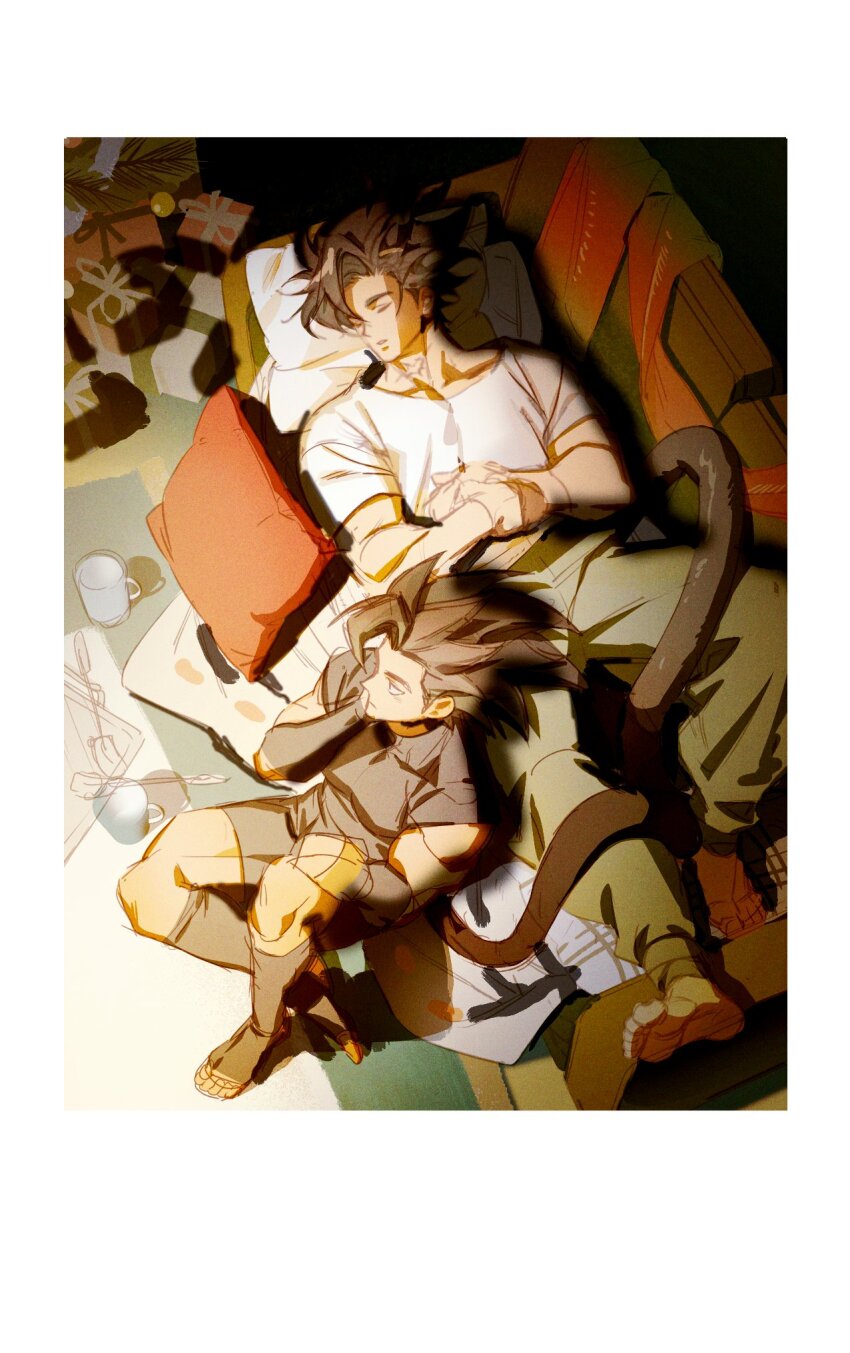 2boys barefoot border brown_hair christmas christmas_tree collarbone compression_shirt couch couple cup dragon_ball dragon_ball_legends dragon_ball_xenoverse from_above gift hand_on_own_face hands_on_own_stomach highres hyong311 korean_commentary lying male_focus mirai_senshi monkey_boy monkey_tail multiple_boys muscular muscular_male oc_x_canon on_back on_couch pants pillow reta_(hyong311) saiyan shallot_(dragon_ball) shirt short_hair single_bang sketch sleeping spiked_hair sweatpants t-shirt tail white_border yaoi
