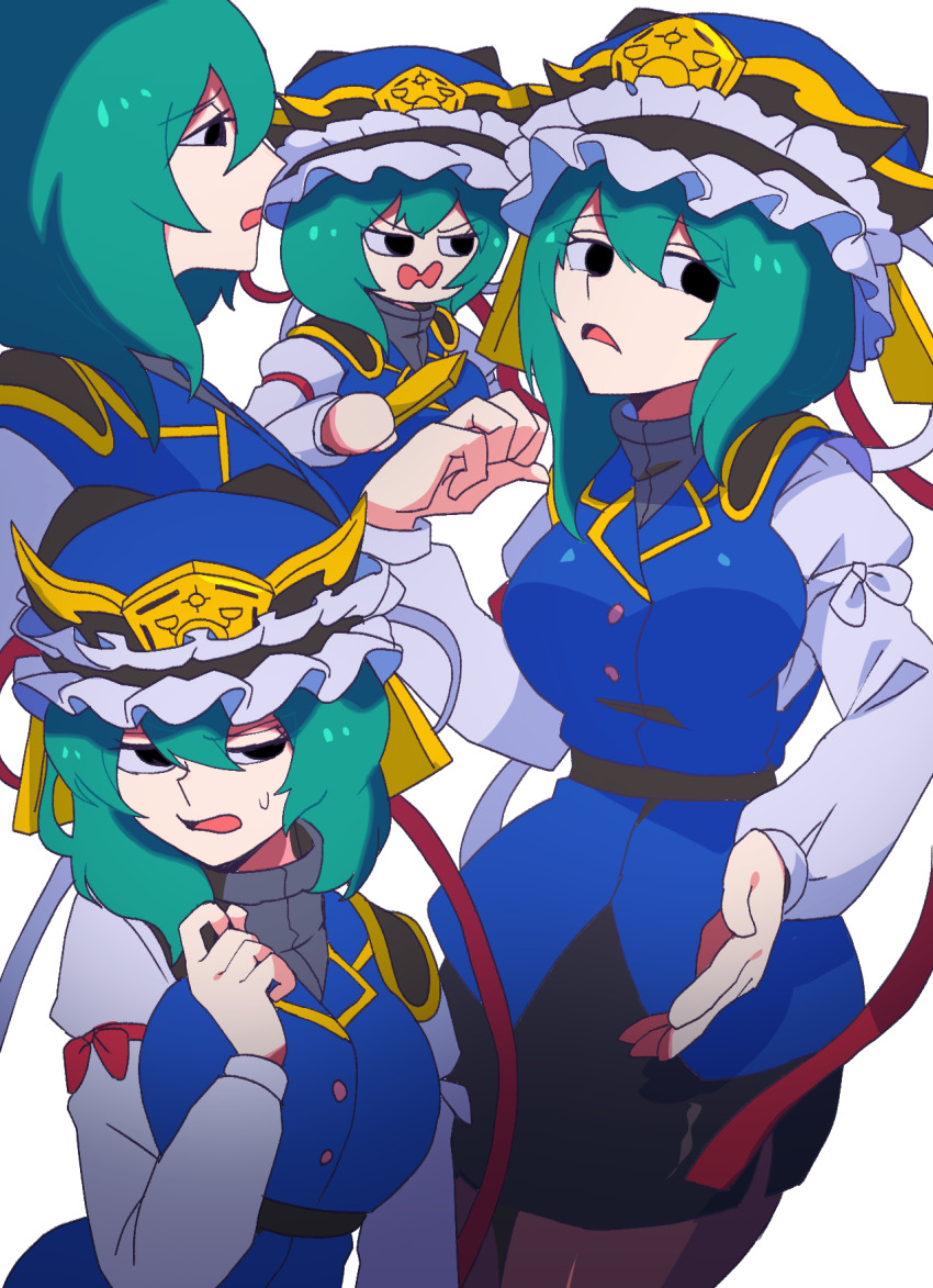 1girl black_eyes black_pantyhose black_skirt blue_vest breasts epaulettes frilled_hat frills green_hair hat highres iganashi1 juliet_sleeves long_sleeves medium_breasts medium_hair open_mouth pantyhose pencil_skirt puffy_sleeves red_ribbon ribbon rod_of_remorse shiki_eiki shirt simple_background skirt sweatdrop touhou vest white_background white_ribbon white_shirt