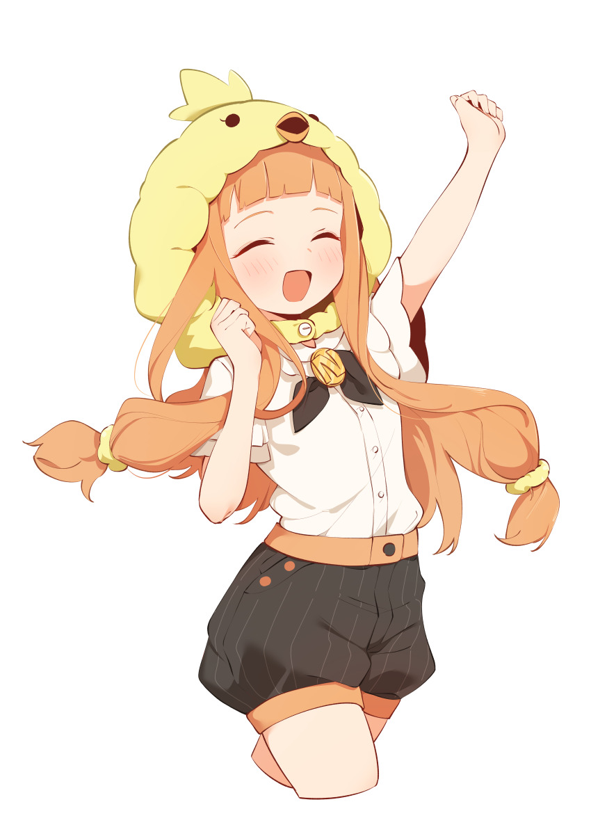 1girl absurdres arm_up black_bow blush bow closed_eyes cosplay cropped_legs highres ichihara_nina idolmaster idolmaster_cinderella_girls idolmaster_cinderella_girls_u149 kigurumi long_hair open_mouth orange_hair pinstripe_pattern pinstripe_shorts ramube shirt shorts simple_background solo striped very_long_hair white_background white_shirt