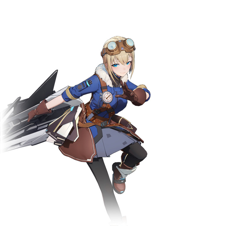 1girl axe belt black_pantyhose blonde_hair blue_eyes blue_jacket blush boots breasts brown_belt brown_gloves closed_mouth fur-trimmed_jacket fur_trim gloves goggles goggles_on_head hair_behind_ear holding holding_axe holding_polearm holding_weapon huge_weapon jacket looking_at_viewer medium_breasts official_art open_hand pantyhose polearm pouch shirt short_hair skirt smile solo standing standing_on_one_leg starward steampunk transparent_background weapon zakharova