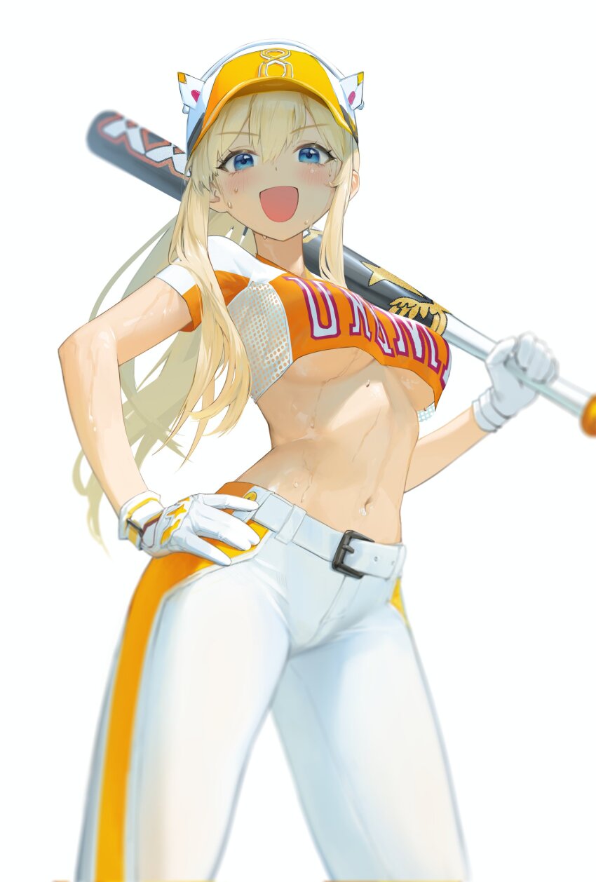 1girl absurdres baseball_bat baseball_cap baseball_uniform belt blonde_hair blue_eyes blush breasts clothes_writing commentary_request cowboy_shot cropped_shirt gloves goddess_of_victory:_nikke hair_between_eyes hand_on_own_hip hat highres holding holding_baseball_bat large_breasts long_hair looking_at_viewer navel official_alternate_costume open_mouth orange_hat orange_shirt pants shirt short_sleeves simple_background smile solo sportswear standing sweat tigermtang tove_(baseball_fan)_(nikke) tove_(nikke) underboob very_long_hair white_background white_belt white_gloves white_pants