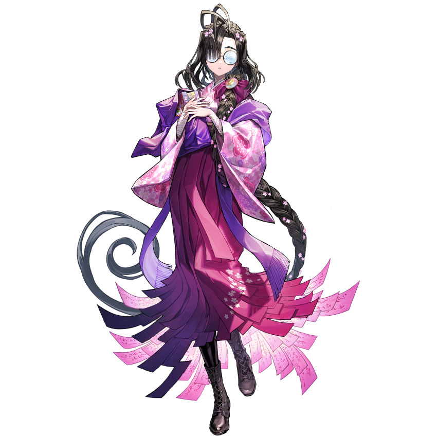 1girl :o black_hair book boots bow braid braided_ponytail coke-bottle_glasses fate/grand_order fate_(series) floral_print floral_print_kimono flower flower_braid full_body game_cg glasses hair_bow hair_flower hair_ornament hakama highres holding holding_book holding_manga japanese_clothes kimono long_hair manga_(object) official_art ofuda ono_no_komachi_(fate) open_mouth pink_bow pink_flower pink_hakama pink_kimono print_kimono purple_shawl routo shawl single_braid solo standing standing_on_one_leg tachi-e third-party_source transparent_background triple_ahoge very_long_hair wide_sleeves
