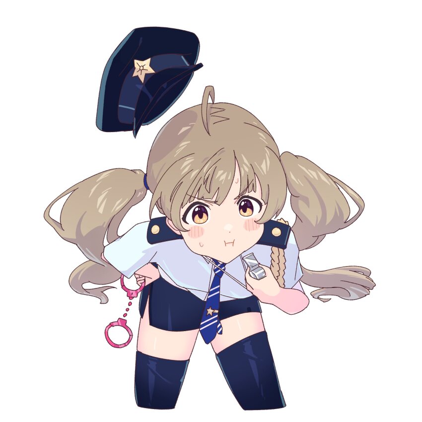 1girl ahoge bent_over black_skirt black_thighhighs blue_necktie blush brown_eyes brown_hair closed_mouth commentary_request cropped_legs cuffs diagonal-striped_clothes diagonal-striped_necktie floating_hat hakozaki_serika hand_on_own_hip handcuffs hat highres holding holding_handcuffs holding_whistle idolmaster idolmaster_million_live! long_hair necktie police police_hat police_uniform policewoman pout puffy_cheeks shirt short_sleeves simple_background skirt solo splashab striped_clothes sweat thighhighs twintails whistle whistle_around_neck white_background