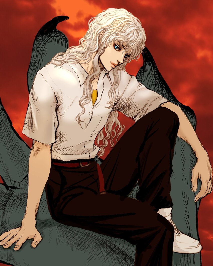 1boy absurdres arm_on_knee arm_support belt belt_buckle berserk black_nails black_pants blue_eyes buckle claws collared_shirt commentary cosplay foot_out_of_frame griffith_(berserk) hashtag-only_commentary highres layered_clothes long_hair looking_to_the_side male_focus nagisa_kaworu nagisa_kaworu_(cosplay) neon_genesis_evangelion nisino2222 open_collar pants parted_lips red_belt red_sky shirt shoes short_sleeves sideways_glance sitting sky smile sneakers solo wavy_hair white_hair white_shirt wing_collar yellow_shirt