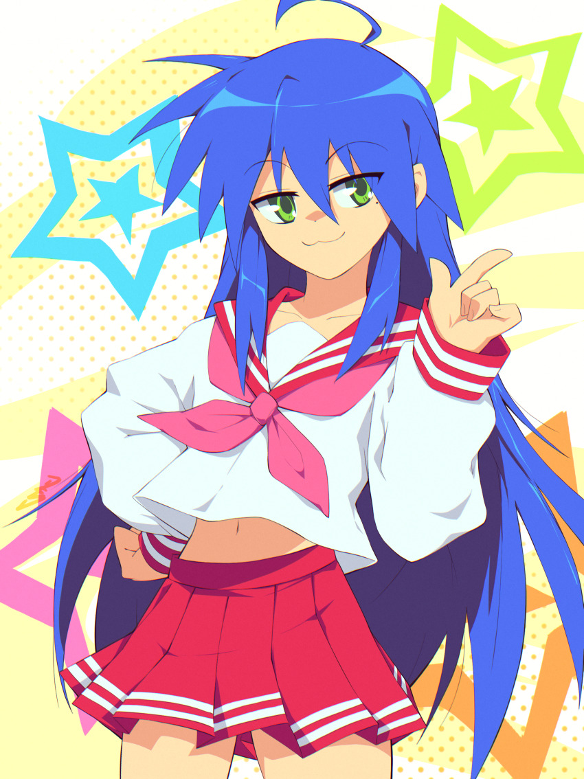 1girl :3 absurdres ahoge blue_hair commentary english_commentary goodboideogie green_eyes highres izumi_konata long_hair lucky_star mole mole_under_eye neckerchief pink_neckerchief red_sailor_collar ryouou_school_uniform sailor_collar school_uniform serafuku solo star_(symbol)