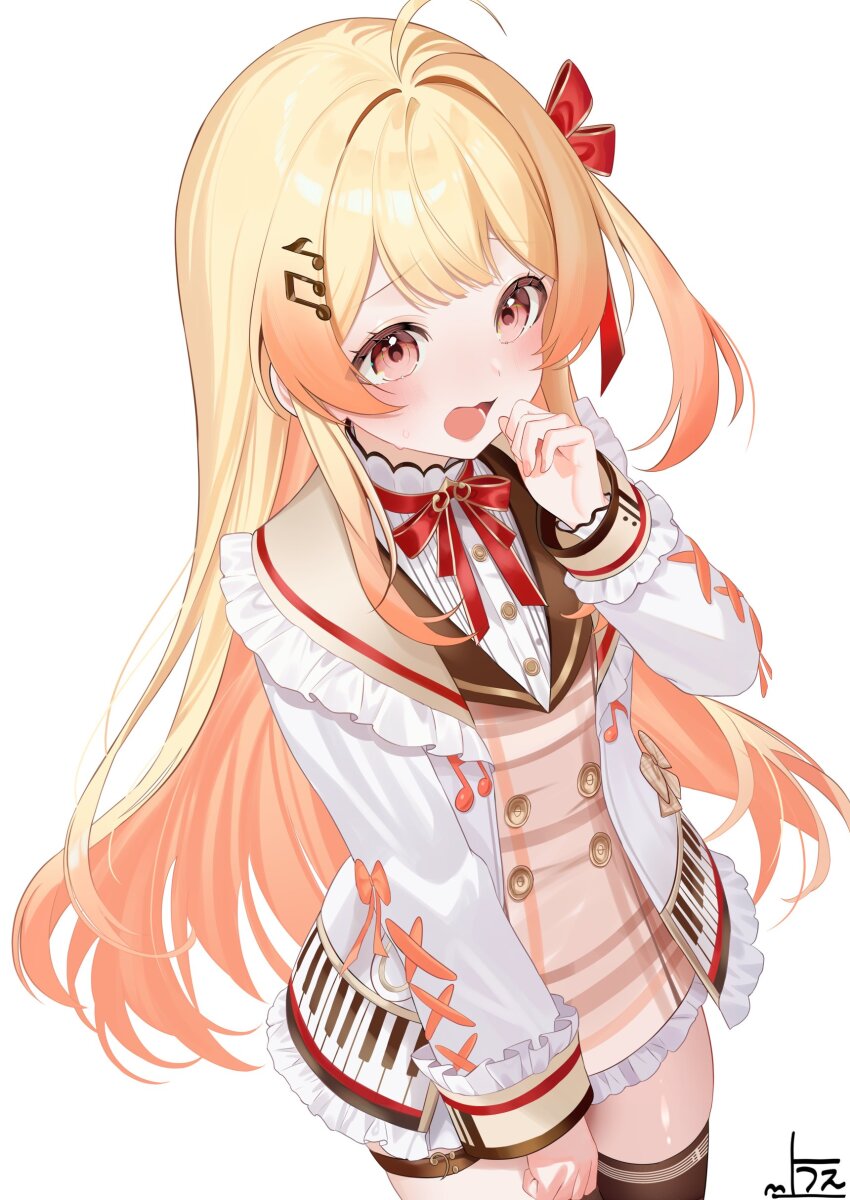 1girl absurdres ahoge black_thighhighs blonde_hair brown_dress brown_eyes brown_sailor_collar buttons commentary_request cross-laced_clothes cross-laced_sleeves double-breasted double-parted_bangs dress fortissimo frilled_jacket frills hair_ornament hair_ribbon hairclip hand_up highres hololive hololive_dev_is jacket long_hair long_sleeves musical_note musical_note_hair_ornament neck_ribbon one_side_up open_mouth otonose_kanade otonose_kanade_(1st_costume) piano_print plaid_clothes plaid_dress red_ribbon ribbon sailor_collar shirt sidelocks simple_background solo thigh_strap thighhighs uekana9 virtual_youtuber white_background white_jacket white_shirt
