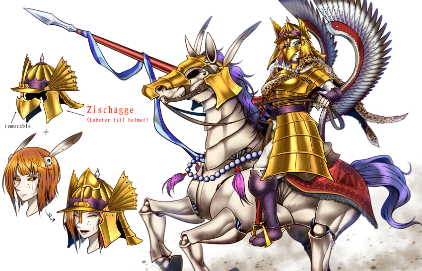 1girl armor barding black_sclera boots closed_mouth colored_sclera colored_skin commentary_request english_text expressionless fake_wings faulds feather_hair_ornament feathers full_body gold_armor hair_ornament helmet highres holding holding_polearm holding_weapon horse horseback_riding joutouguu_mayumi leopard_pelt looking_at_viewer mechanical_horse orange_hair pants pelt plate_armor polearm riding ryuuichi_(f_dragon) short_hair smile spear touhou weapon white_pants white_skin winged_hussar wings yellow_eyes