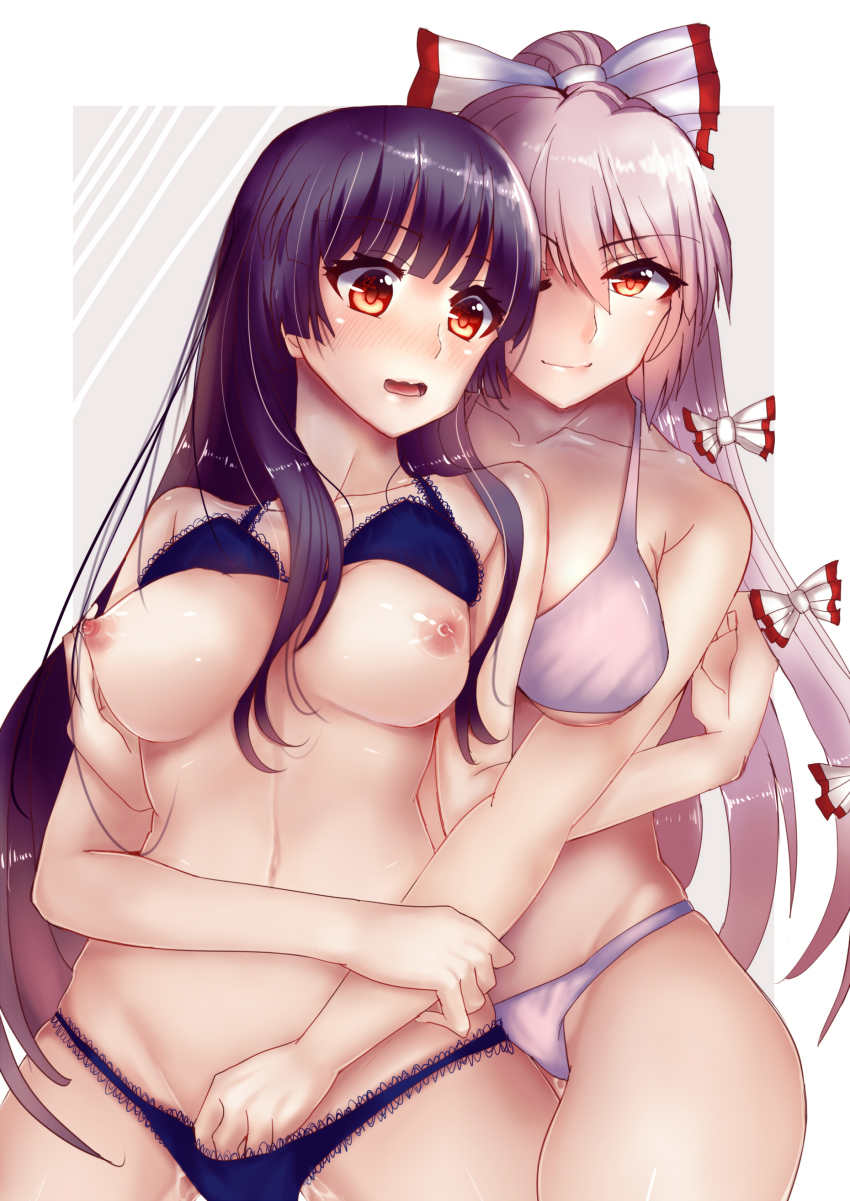 2girls absurdres black_hair blush bra bra_lift breasts fingering fujiwara_no_mokou full-face_blush hair_ribbon hand_in_panties highres houraisan_kaguya hug hug_from_behind kevn large_breasts long_hair looking_at_viewer multiple_girls navel nipples nose_blush one_eye_closed open_mouth panties ponytail pussy_juice red_eyes ribbon smile touhou tress_ribbon underwear white_hair yuri
