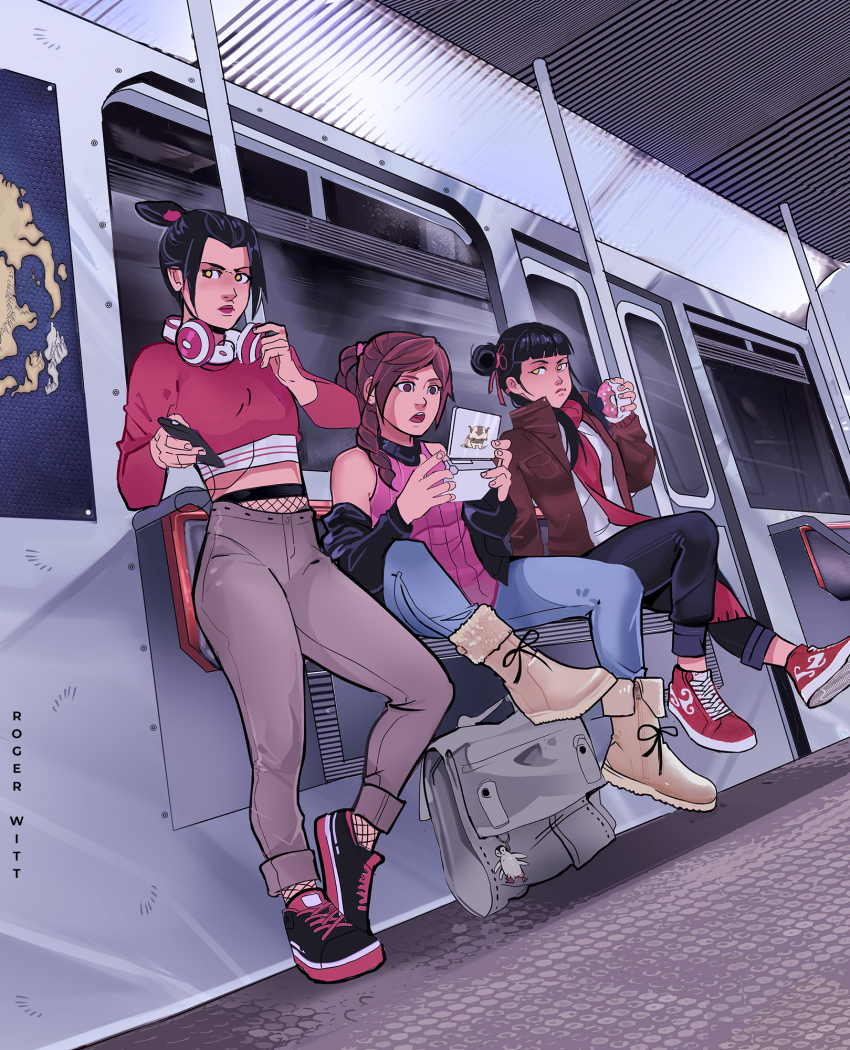 3girls alternate_costume animal_charm appa artist_name avatar:_the_last_airbender avatar_legends azula bison black_hair blunt_bangs boots brown_eyes brown_hair brown_jacket cellphone contemporary donut eating fishnets food fur_boots hair_bun handheld_game_console headphones headphones_around_neck highres holding holding_food holding_phone jacket long_sleeves mai_(avatar) map multiple_girls nintendo_ds open_mouth pants phone pink_shirt ponytail red_lips red_scarf rogerwitt scarf shirt shoes sideways_glance single_hair_bun sitting sleeveless sleeveless_shirt talking teeth topknot train_interior ty_lee ugg_boots upper_teeth_only white_shirt yellow_eyes