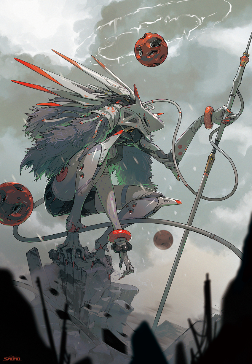1girl bracelet cable cape claws cloak cloud cloudy_sky coat cyborg debris electricity esuthio extra_arms fur_cape fur_coat grey_sky highres holding holding_polearm holding_staff holding_weapon humanoid_robot jewelry joints lightning mask mechanical_arms mechanical_legs mechanical_tail orb original outdoors polearm robot robot_joints rock rubble science_fiction shorts sky solo spear squatting staff tail weapon