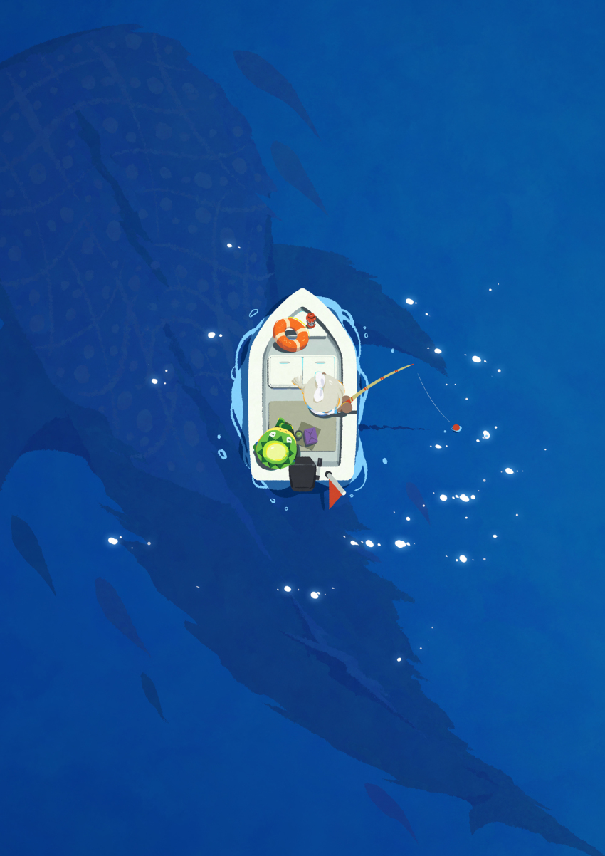 1boy 1girl animal_crossing boat bow colored_skin fish fishing_rod from_above green_skin grey_hair hair_bow highres kapp&#039;n_(animal_crossing) lifebuoy nintendo ponytail roy_(pixiv992911) swim_ring villager_(animal_crossing) water watercraft whale_shark