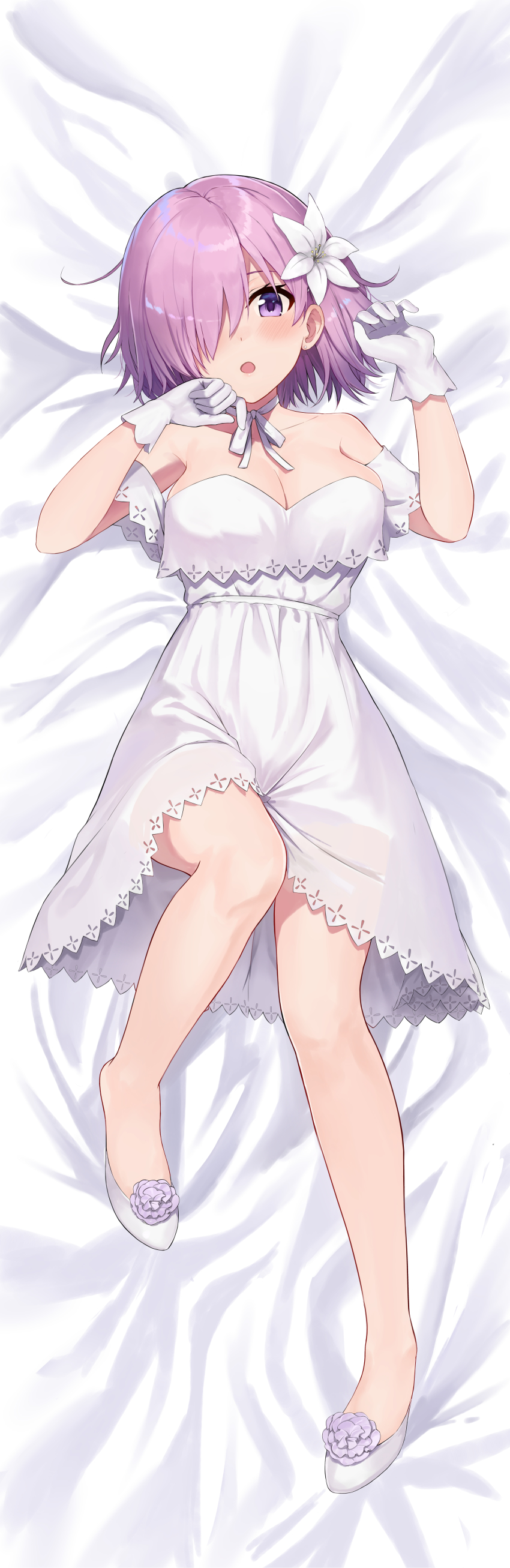 1girl :o absurdres ayul_(ayulneri_92) bare_shoulders bed_sheet breasts choker cleavage dakimakura_(medium) dress earrings fate/grand_order fate_(series) flower full_body gloves hair_flower hair_ornament hair_over_one_eye highres jewelry large_breasts legs looking_at_viewer lying mash_kyrielight mash_kyrielight_(formal_dress) off-shoulder_dress off_shoulder official_alternate_costume on_back purple_eyes purple_hair ribbon ribbon_choker shoes short_hair solo stud_earrings white_dress white_flower white_gloves white_ribbon white_shoes