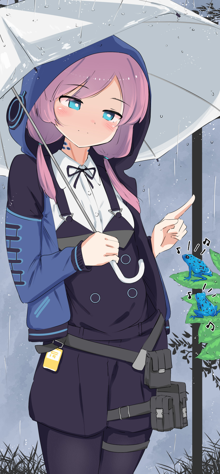 1girl absurdres animal arknights beamed_eighth_notes black_pantyhose black_ribbon blue_eyes blue_jacket blue_poison_(arknights) blush bright_pupils closed_mouth commentary_request commission cowboy_shot eighth_note frog hair_over_shoulder highres holding holding_umbrella hood hood_up hooded_jacket index_finger_raised jacket jiyuu_(yui_mizukara) leaf long_hair long_sleeves looking_at_animal looking_down musical_note neck_ribbon notice_lines open_clothes open_jacket outdoors pantyhose pink_hair pouch rain ribbon skeb_commission smile solo standing thigh_strap umbrella water water_drop wet white_pupils