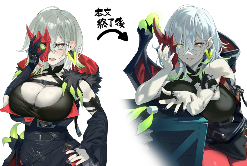 1girl alternate_breast_size breasts cleavage colored_tips detached_sleeves diabellstar_the_black_witch duel_monster gloves green_eyes green_hair grey_hair half_mask hand_on_own_hip hood large_breasts mask medium_hair multicolored_hair pale_skin red_mask single_glove single_sleeve yappen yu-gi-oh!