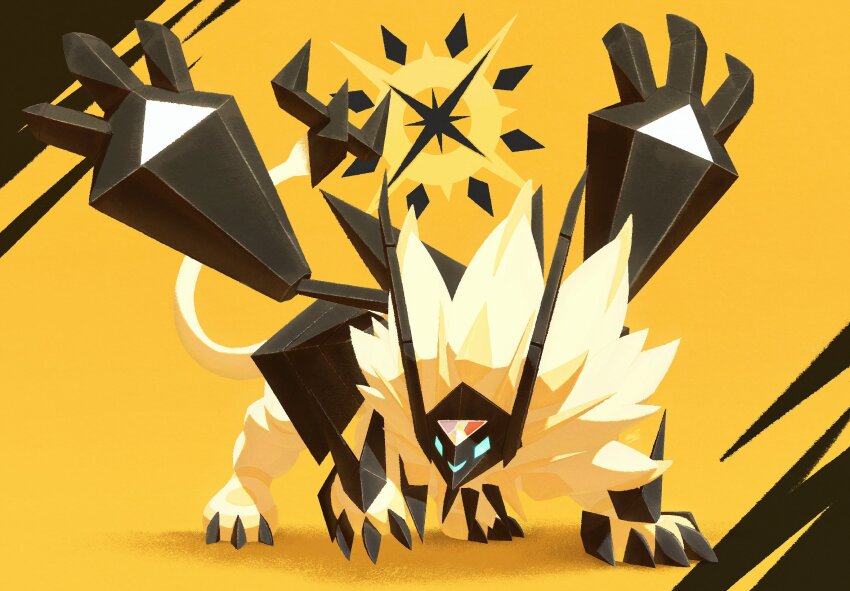 animal_nose black_claws black_gemstone black_helmet black_mask blue_eyes claws crystal ewokakukaede fake_horns gem gen_7_pokemon glowing glowing_eyes helmet highres horned_helmet horned_mask horns legendary_pokemon lion mane mask necrozma necrozma_(dusk_mane) nintendo no_humans pokemon pokemon_(creature) pokemon_focus solo sparkle star_(symbol) sun_symbol tail triangle yellow_background