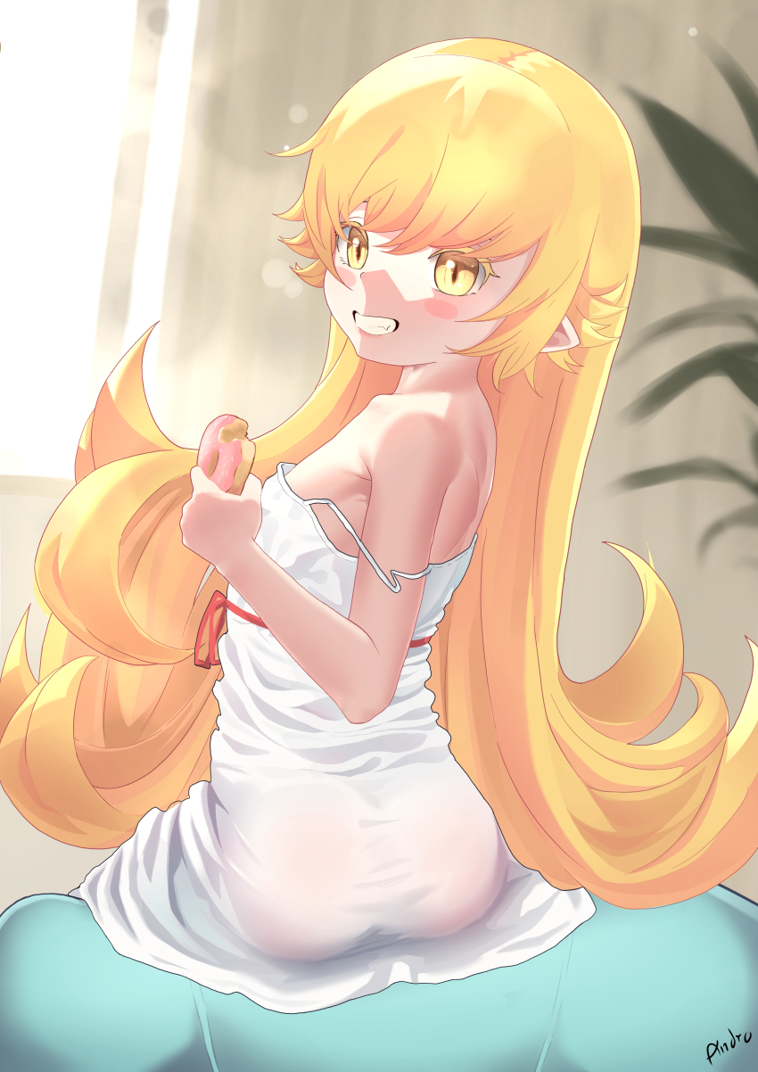 1girl absurdres andro_gs artist_name ass bare_shoulders blonde_hair collarbone_peek cowboy_shot day donut dress female_focus food from_behind grin hand_up highres holding holding_food ice indoors large_variant_set loli long_hair looking_at_viewer looking_back matching_hair/eyes monogatari_(series) oshino_shinobu sitting smile solo strap_slip teeth twisted_torso vampire variant_set white_dress yellow_eyes