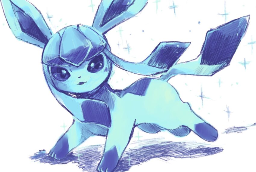 animal_focus blue_eyes blue_hair commentary_request gen_4_pokemon glaceon long_hair looking_at_viewer nintendo no_humans pokemon pokemon_(creature) running sidelocks simple_background smile tail toneko white_background