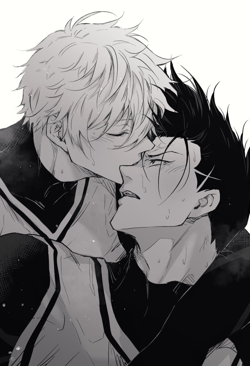 2boys absurdres barou_shouei blue_lock chuma_a_a closed_eyes greyscale highres kiss light_blush looking_at_another male_focus monochrome multiple_boys nagi_seishirou nose open_mouth shirt short_hair simple_background soccer_uniform sportswear teeth upper_teeth_only white_background yaoi