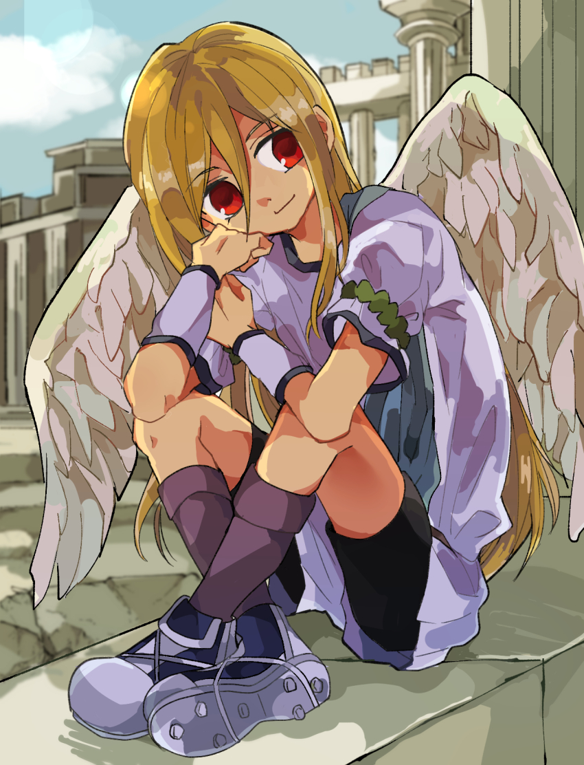 1boy afuro_terumi angel_wings blonde_hair cleats highres inazuma_eleven inazuma_eleven_(series) long_hair male_focus mochiko_(guremaru) red_eyes shirt shorts sitting smile soccer_uniform socks solo sportswear trap very_long_hair white_shirt white_shorts wings