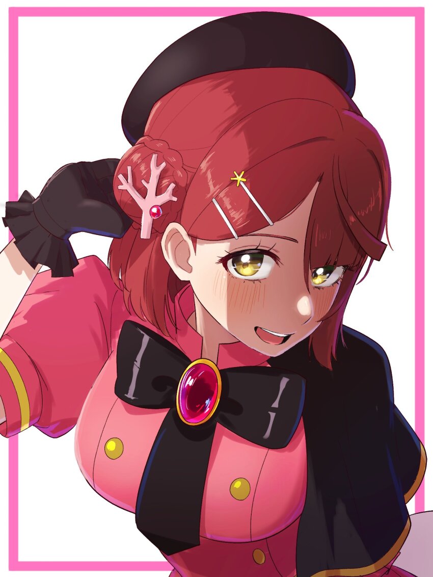 1girl :d beret black_cape black_gloves black_hat blunt_bangs blush breasts bun_with_braided_base cape commentary coral_hair_ornament daikuro_(adddaik) english_commentary frilled_gloves frills gloves hair_bun hair_ornament hairclip half_updo hat highres looking_at_viewer love_live! love_live!_nijigasaki_high_school_idol_club love_live!_nijigasaki_high_school_idol_club_the_movie_-_finale medium_breasts medium_hair official_alternate_costume open_mouth pink_hair pink_shirt puffy_short_sleeves puffy_sleeves shirt short_sleeves side_cape simple_background single_side_bun smile solo stellar_stream_(love_live!) swept_bangs teeth uehara_ayumu upper_body upper_teeth_only white_background yellow_eyes