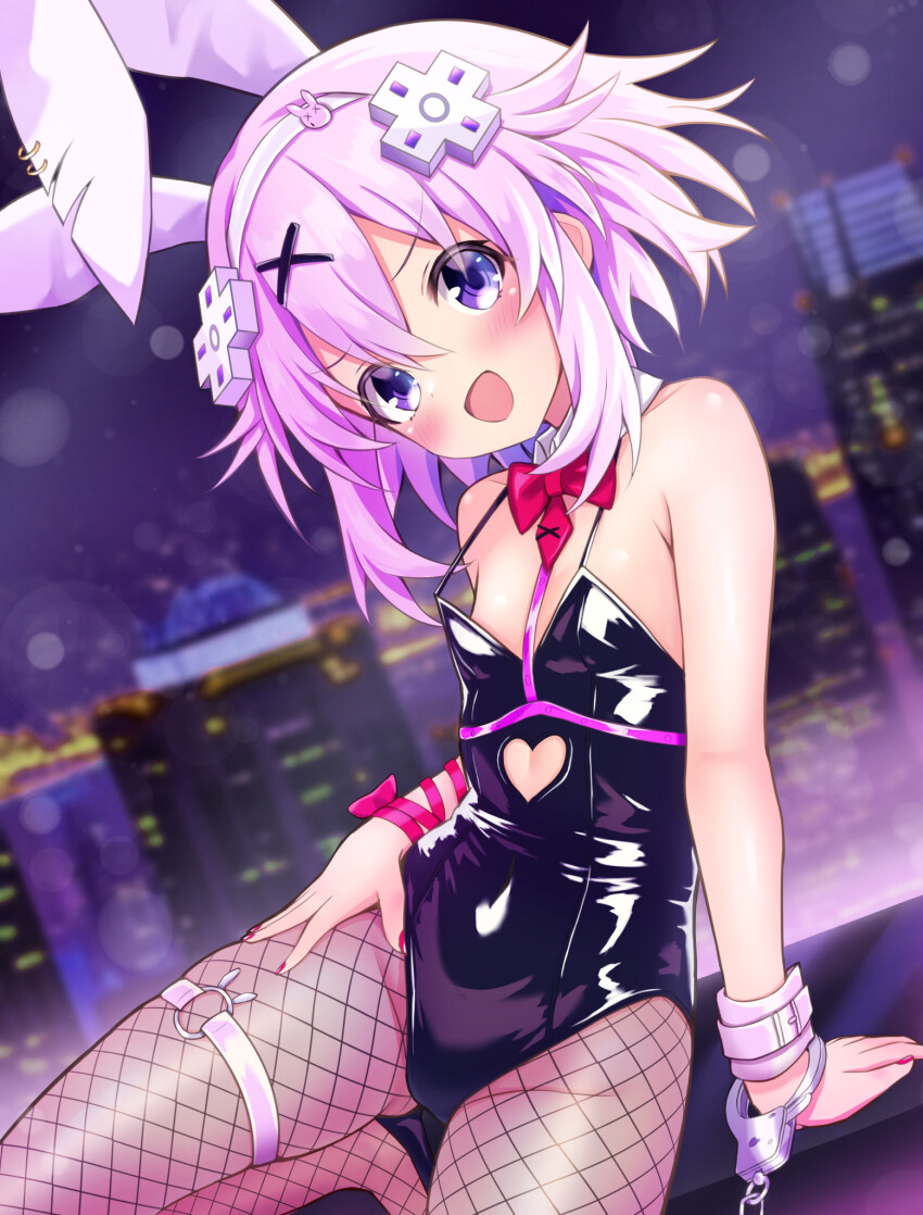 1girl :d animal_ears arm_ribbon arm_support armpit_crease bare_shoulders black_leotard black_pantyhose blurry blurry_background bow bowtie breasts clothing_cutout collar commentary_request covered_navel crossed_bangs cuffs d-pad d-pad_hair_ornament detached_collar eima fake_animal_ears fishnet_pantyhose fishnets gluteal_fold hair_between_eyes hair_ornament hairband hand_on_own_thigh handcuffs head_tilt heart_cutout highleg highleg_leotard highres leotard looking_at_viewer neptune_(neptunia) neptune_(series) o-ring_strap open_mouth pantyhose playboy_bunny purple_eyes purple_hair rabbit_ears rabbit_hole_(vocaloid) red_bow red_bowtie red_nails red_ribbon ribbon short_hair sidelocks small_breasts smile solo thigh_strap white_collar white_hairband x_hair_ornament