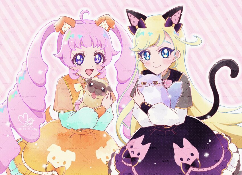 2girls :d animal animal_ears aozora_himari artist_name blonde_hair blue_eyes blush bow cat cat_ears cat_tail comet_(aipri) copyright_notice cowboy_shot dog dog_ears dog_tail dot_nose dress dress_bow drill_hair english_text fake_animal_ears frilled_dress frills fuku-chan_(aipri) hair_bow highres himitsu_no_aipri holding holding_animal hoshikawa_mitsuki long_hair long_sleeves looking_at_viewer merrybear multiple_girls open_mouth orange_dress pet pink_hair pretty_series purple_bow purple_dress purple_eyes signature smile standing star_(symbol) star_in_eye straight_hair symbol_in_eye tail twin_drills twintails twitter_username very_long_hair watermark