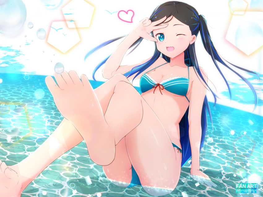 1girl 22/7 ;d aqua_bikini aqua_eyes artist_name bare_shoulders bikini black_hair blue_hair bow breasts cleavage collarbone furoggu-gaburi halterneck heart highres knees_up lens_flare long_hair looking_at_viewer multicolored_hair nishiura_sora ocean one_eye_closed open_mouth partially_submerged red_bow smile solo splashing string_bikini swimsuit two_side_up w w_over_face