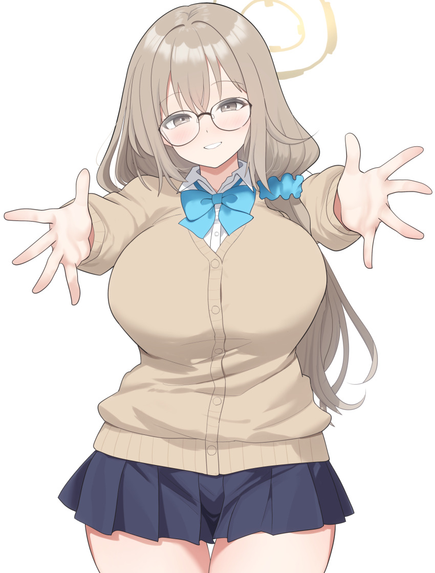 1girl akane_(blue_archive) akane_(school_uniform)_(blue_archive) blue_archive blue_bow blush bow bowtie breasts brown_cardigan brown_eyes brown_hair cardigan commentary_request cowboy_shot glasses hair_ornament hair_scrunchie halo highres huge_breasts long_hair looking_at_viewer moredetale outstretched_arms pleated_skirt scrunchie shirt skirt smile white_background white_shirt