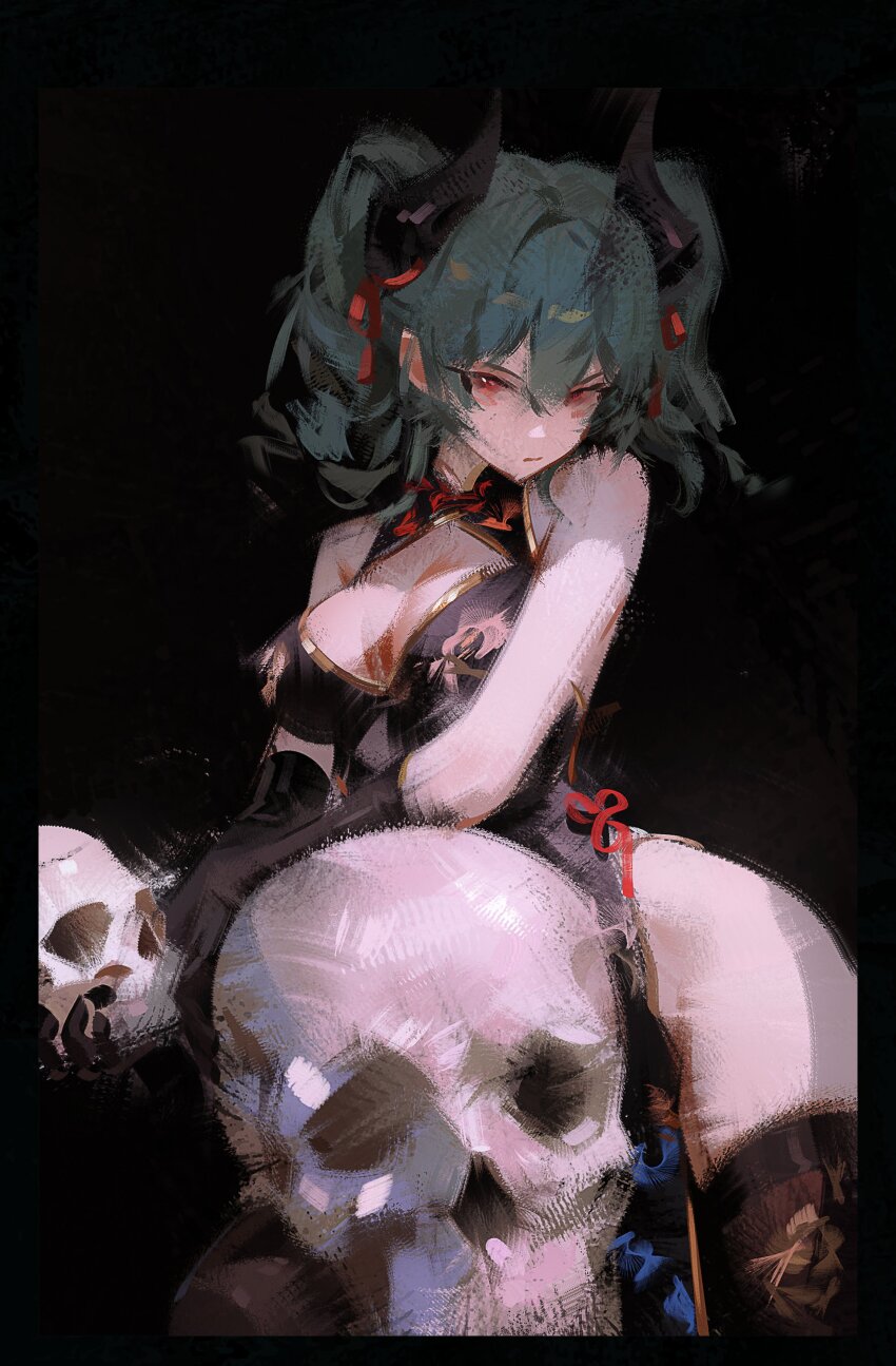 1girl absurdres angry aqua_hair bare_shoulders black_background black_dress black_gloves black_horns black_thighhighs bow bowtie breasts china_dress chinese_clothes closed_mouth double-parted_bangs dress gloves highres holding holding_skull horns looking_at_viewer morello_(morellostorment) nyte_tyde pale_skin print_dress red_bow red_bowtie red_eyes simple_background skull thighhighs thighs twintails