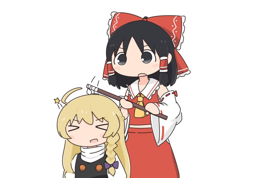 &gt;_&lt; 2girls ahoge alternate_costume ascot black_eyes black_hair blonde_hair bonk bow braid chibi chito_(shoujo_shuumatsu_ryokou) cosplay derivative_work detached_sleeves frilled_bow frilled_hair_tubes frills hair_bow hair_tubes hakurei_reimu hakurei_reimu_(cosplay) hashtag-only_commentary highres hitting kirisame_marisa kirisame_marisa_(cosplay) kokoda402989934 multiple_girls open_mouth parody red_bow ribbon-trimmed_sleeves ribbon_trim screenshot_redraw shoujo_shuumatsu_ryokou side_braid single_braid touhou tsukumizu_yuu_(style) v-shaped_eyebrows white_background yellow_ascot yuuri_(shoujo_shuumatsu_ryokou)