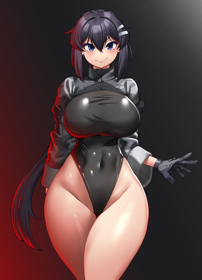 1girl absurdres arm_behind_back black_gloves black_hair black_leotard blue_eyes borrowed_character breasts closed_mouth covered_navel cowboy_shot gloves hair_ornament hairclip highleg highleg_leotard highres hitch_(perotoss) large_breasts leotard long_hair long_sleeves looking_at_viewer original ponytail shrug_(clothing) sidelocks sleeves_rolled_up smile solo
