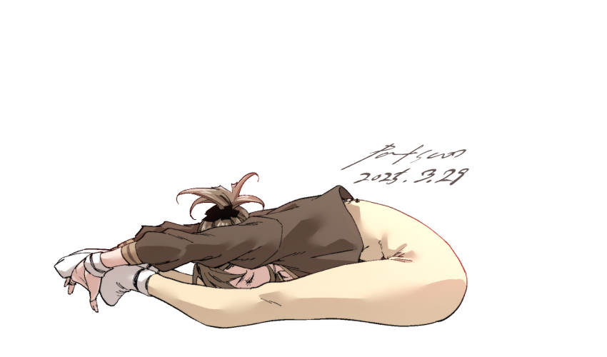 1girl breasts brown_hair closed_eyes flexible folded from_side full_body highres nabipenciller original ponytail sitting small_breasts socks solo stretching unitard