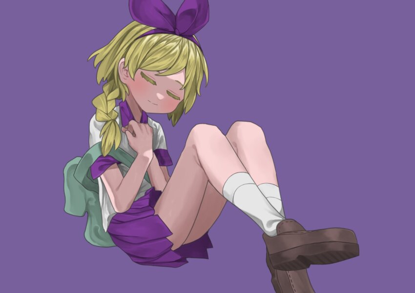 1girl bag blonde_hair braid closed_eyes closed_mouth collared_shirt full_body hair_over_shoulder hair_ribbon hairband hands_on_own_chest haru_(yomawari) highres kilsturgeon knees_up light_blush loafers own_hands_together pleated_skirt purple_background purple_hairband purple_ribbon purple_skirt ribbon shin_yomawari shirt shoes short_sleeves shoulder_bag simple_background skirt smile socks solo swept_bangs white_shirt white_socks yomawari_(series)