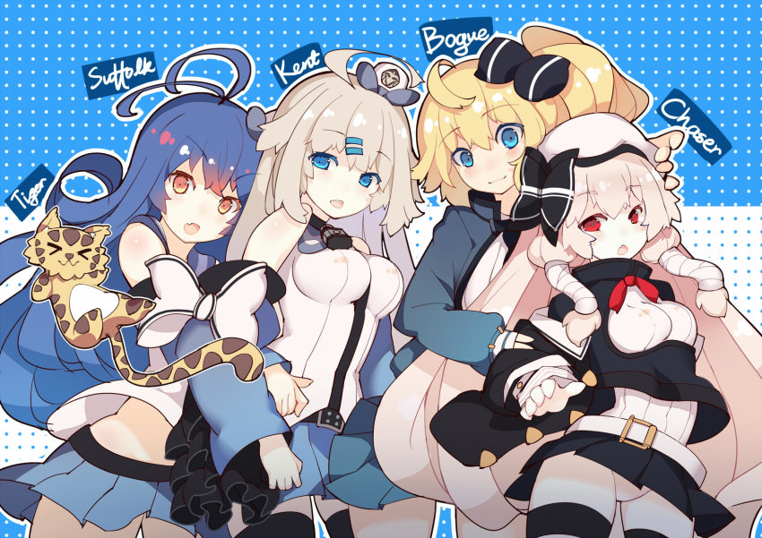 &gt;_&lt; 4girls ahoge belt beret black_bow black_jacket black_legwear blonde_hair blue_background blue_eyes blue_hair blue_jacket blue_skirt blush bogue_(warship_girls_r) bow breasts character_name chaser_(warship_girls_r) chibi closed_eyes closed_mouth colored_eyelashes detached_sleeves fang fierce_tiger_(warship_girls_r) framed_breasts grey_hair hair_between_eyes hair_ornament hair_tubes hairclip hat highres jacket kent_(warship_girls_r) lock long_hair long_sleeves looking_at_viewer medium_breasts mini_hat miniskirt multiple_girls open_mouth orange_eyes padlock panties pink_hair pleated_skirt polka_dot polka_dot_background rain_lan red_bow red_eyes remodel_(warship_girls_r) sailor_collar shirt side_ponytail skirt small_breasts smile suffolk_(warship_girls_r) text_focus thighhighs tiger two-tone_background underwear warship_girls_r white_background white_hat white_panties white_shirt