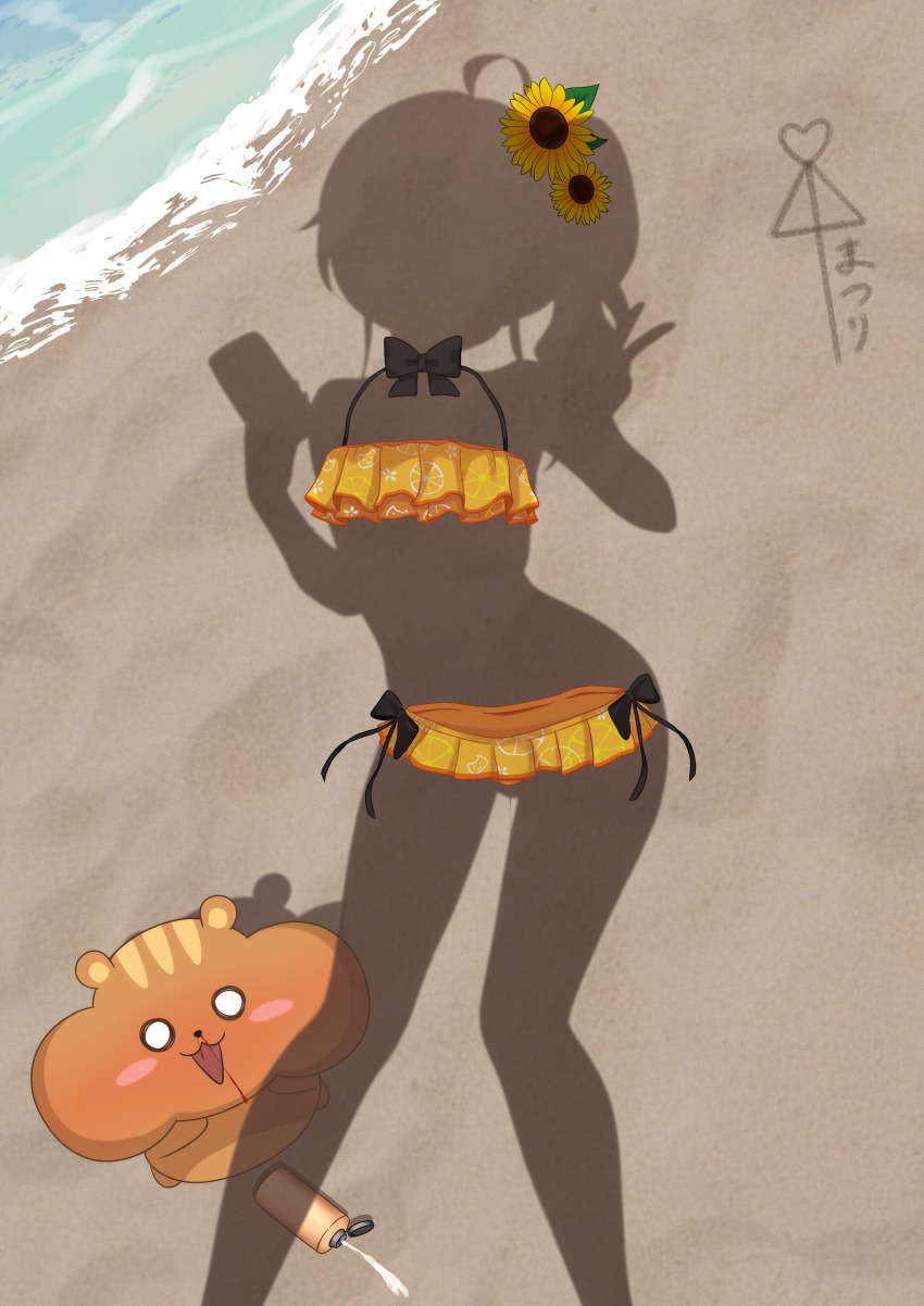 1girl absurdres beach bikini cellphone dressed_shadow_(meme) flower frilled_bikini frills hair_flower hair_ornament highres holding holding_phone hololive matsurisu medium_hair meme mitsuboshi_nuko natsuiro_matsuri natsuiro_matsuri_(hololive_summer_2019) official_alternate_costume orange_bikini phone ruffle_bikini sand smartphone sunflower sunflower_hair_ornament swimsuit virtual_youtuber water