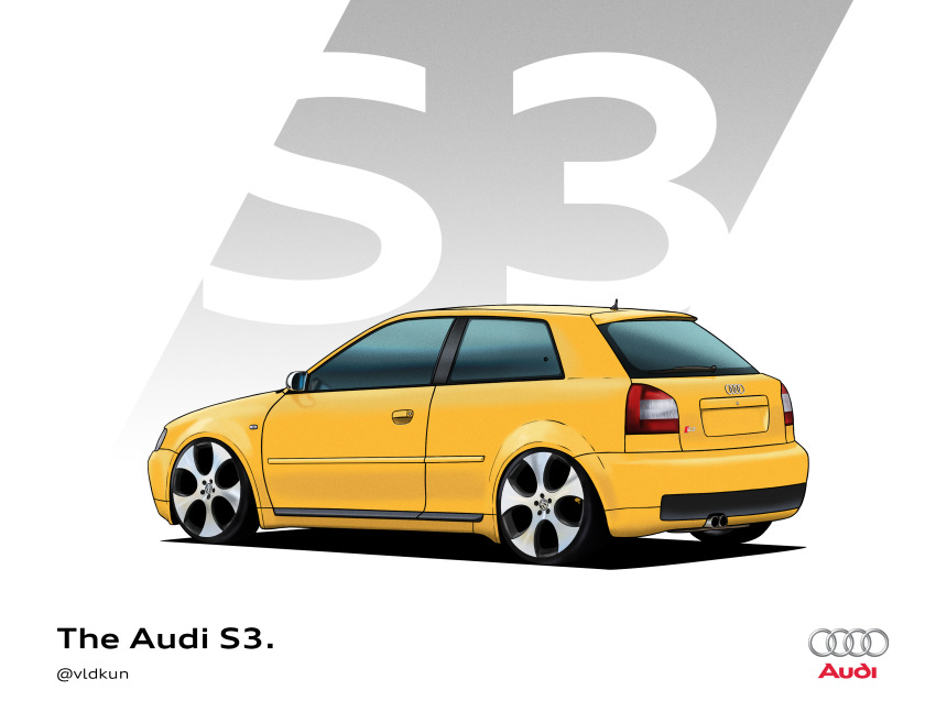 absurdres audi audi_s3 car highres logo motor_vehicle no_humans original shadow twitter_username vehicle_focus vehicle_name vlad_kuzmin yellow_car