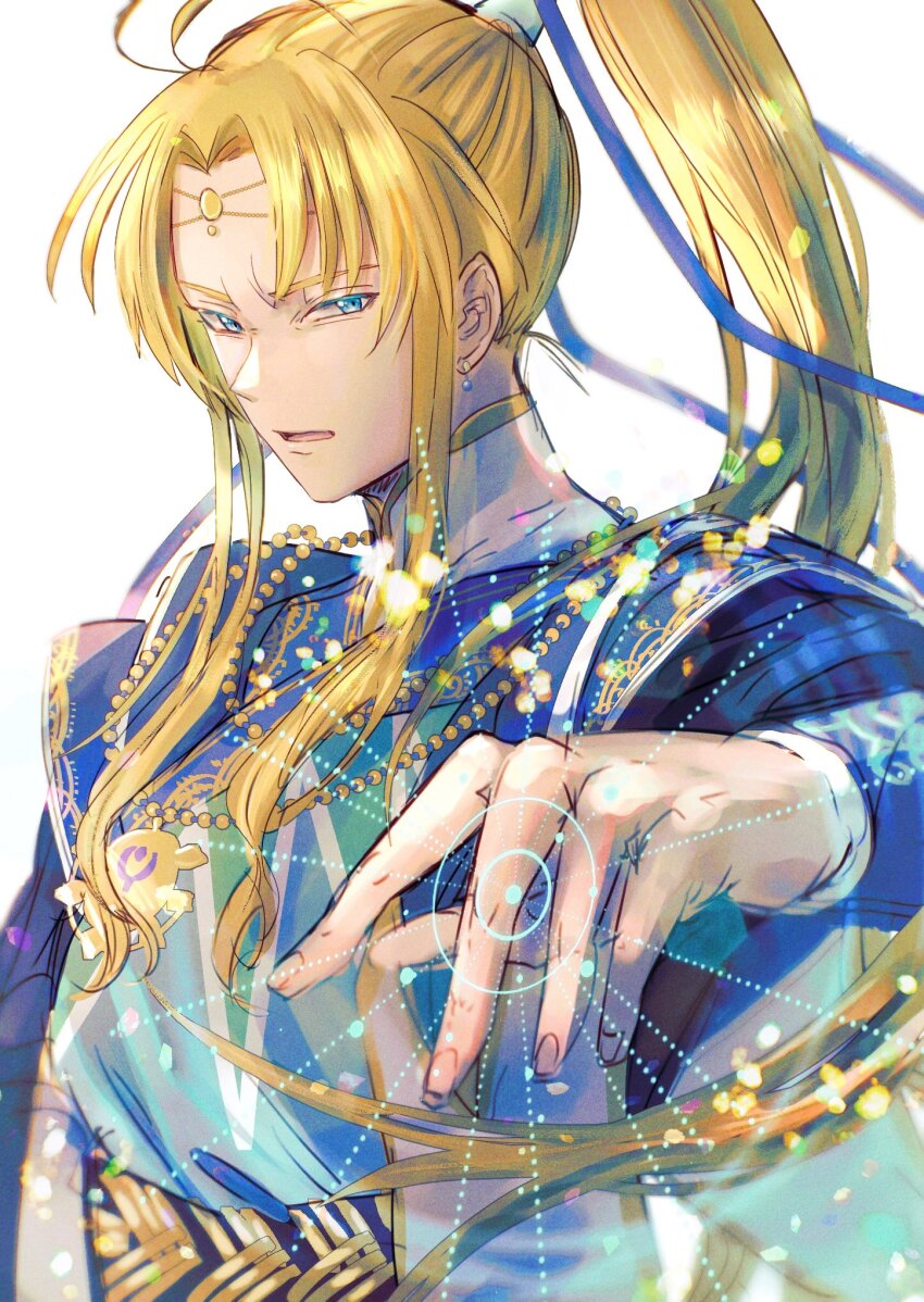 1boy blonde_hair blue_(saga_frontier) blue_eyes hair_ornament highres jewelry long_hair looking_at_viewer magic male_focus miyama_(lacrima01) necklace open_mouth ponytail saga saga_frontier simple_background solo white_background