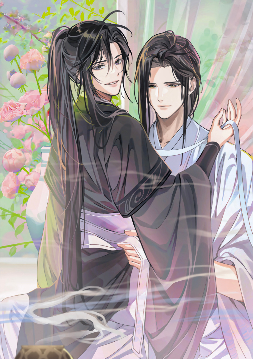 2boys absurdres ahoge bishounen black_eyes black_hair black_hanfu chinese_clothes closed_mouth couple curtains dressing_another flower gearous hanfu high_ponytail highres holding holding_ribbon incense_burner indoors lan_wangji long_hair long_sleeves looking_at_another looking_at_viewer looking_back male_focus modao_zushi multiple_boys non-web_source official_art open_mouth parted_bangs parted_lips pink_flower ponytail ribbon robe sidelocks sitting sitting_on_lap sitting_on_person smile smoke vase very_long_hair wei_wuxian white_hanfu white_ribbon wide_sleeves yaoi yellow_eyes