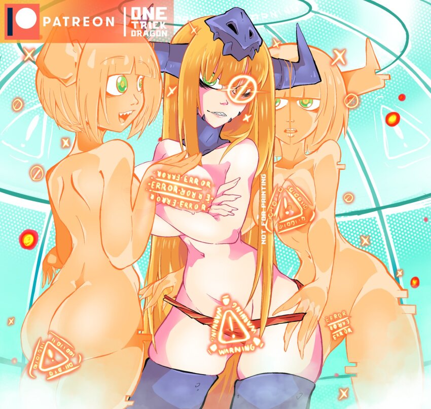 armor breasts diablomon digimon highres horns long_hair looking_at_viewer nude personification sharp_teeth teeth