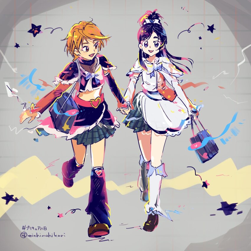 2girls aoizumi_(eichinohikari) arm_warmers bag bag_charm belt belt_buckle black_arm_warmers black_leg_warmers black_shirt black_skirt blazer blue_bag bow bowtie brown_hair brown_shoes buckle charm_(object) cropped_shirt cure_black cure_white dress earrings frilled_arm_warmers frilled_skirt frilled_sleeves frills full_body futari_wa_precure grey_background grey_skirt grid_background hair_bow hair_ornament happy heart heart-shaped_buckle heart_earrings heart_hair_ornament high_ponytail highres holding holding_bag holding_hands jacket jewelry lace lace-trimmed_dress lace_trim layered_skirt layered_sleeves leg_warmers long_sleeves looking_at_another magical_girl medium_hair midriff misumi_nagisa multiple_girls notice_lines pink_belt plaid_clothes plaid_skirt pleated_skirt ponytail precure purple_hair red_jacket school_bag school_uniform shirt shoes short_dress short_ponytail short_sleeves single_arm_warmer skirt split_ponytail star_(symbol) swept_bangs transformation turtleneck turtleneck_shirt twitter_username uwabaki verone_gakuin_school_uniform walking white_arm_warmers white_bow white_bowtie white_dress white_leg_warmers yukishiro_honoka