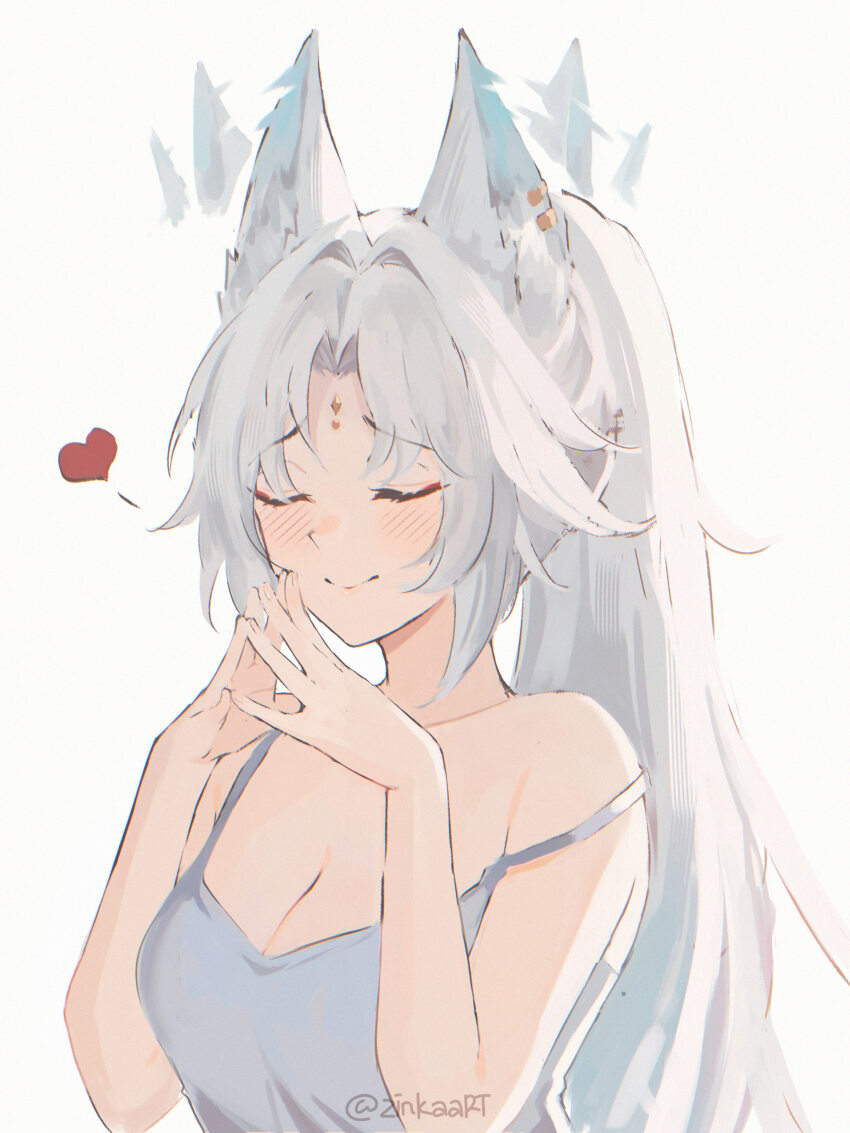 1girl absurdres animal_ear_fluff animal_ears artist_name bare_shoulders blush breasts cleavage closed_eyes closed_mouth collarbone earclip eyeshadow feixiao_(honkai:_star_rail) fingernails forehead_jewel fox_ears fox_girl grey_hair grey_tank_top hands_up heart high_ponytail highres honkai:_star_rail honkai_(series) long_hair makeup medium_breasts parted_bangs ponytail red_eyeshadow sidelocks simple_background smile solo tank_top upper_body white_background zinkaa