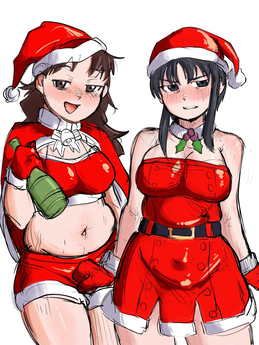 2girls absurdres alcohol ameh_li azumanga_daiou black_eyes black_hair blush breasts brown_eyes brown_hair cleavage dress embarrassed gloves hat highres kurosawa_minamo large_breasts looking_at_viewer looking_to_the_side midriff multiple_girls plump santa_capelet santa_costume santa_dress santa_gloves santa_hat short_hair_with_long_locks short_shorts shorts sketch tanizaki_yukari