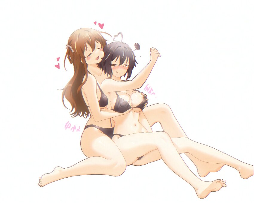 22/7 2girls :t =_= ahoge bikini black_bikini black_hair blush bow braid braided_hair_rings breasts brown_eyes brown_hair cleavage grabbing_another&#039;s_breast grabbing_from_behind groping hair_bow hair_rings halterneck heart highres hitorilily knee_up long_hair multiple_girls navel open_mouth short_hair simple_background sitting sound_effects squiggle stick string_bikini swimsuit tachikawa_ayaka takigawa_miu twin_braids two_side_up white_background white_bow yuri