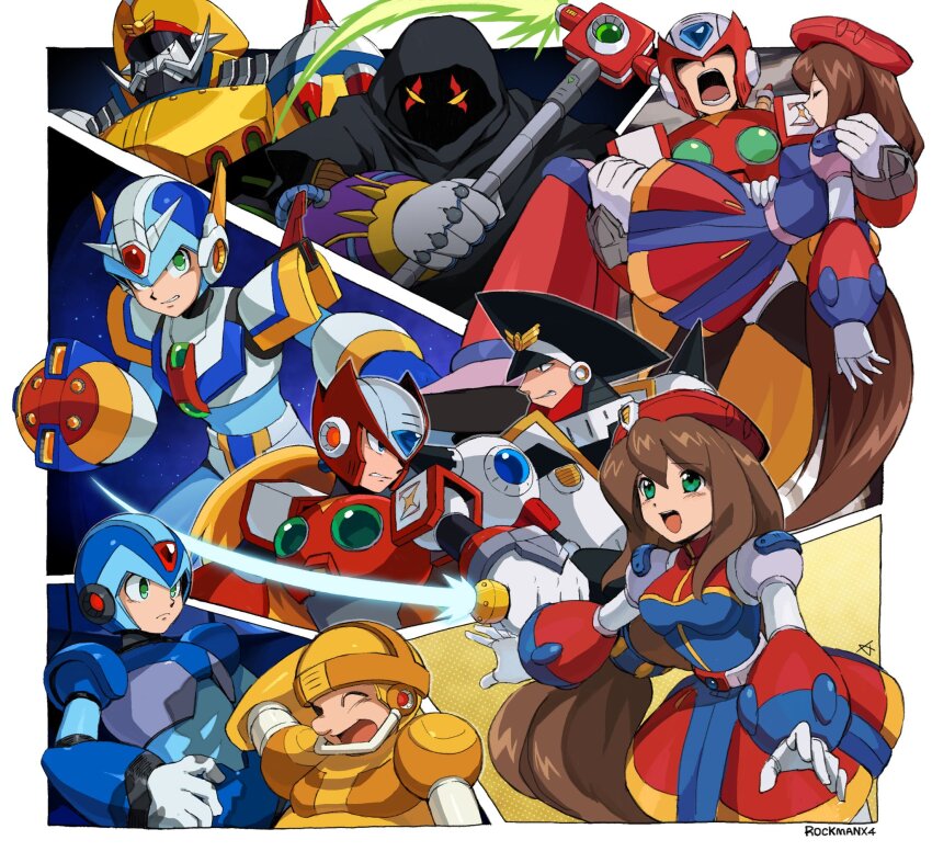 1girl 5boys android arm_cannon armor blue_armor blue_dress blue_helmet brown_hair cloak colonel_(mega_man) copyright_name double_soul_(mega_man) dress energy_blade energy_sword forehead_jewel fourth_armor_x_(mega_man) general_(mega_man) green_eyes helmet highres holding holding_scythe holding_sword holding_weapon hood hood_up hooded_cloak iris_(mega_man) karen_(karenoni1031) long_hair mega_man_(series) mega_man_x4 mega_man_x_(series) multiple_boys multiple_views red_armor red_dress red_helmet scythe sigma_(mega_man) sword weapon white_armor x_(mega_man) z_saber