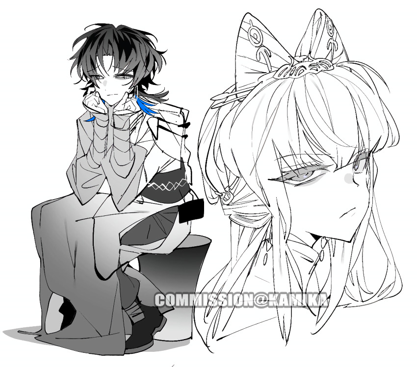 1boy 1girl annoyed bandaged_arm bandages black_hair blue_hair blunt_bangs boots bored bow close-up colored_tips commission disdain earrings full_body grey_eyes greyscale hair_bow hair_ornament head_rest headdress headshot highres hime_cut japanese_clothes jewelry jitome kamika layered_sleeves leaning_forward lineart long_hair long_sleeves looking_at_viewer looking_to_the_side messy_hair monochrome multicolored_hair multiple_views original own_hands_clasped own_hands_together pants parted_bangs pensive people portrait reference_sheet robe sash scowl short_hair sidelocks simple_background sitting sketch sleeves_past_wrists spot_color streaked_hair tsurime upper_body watermark white_background wide_sleeves